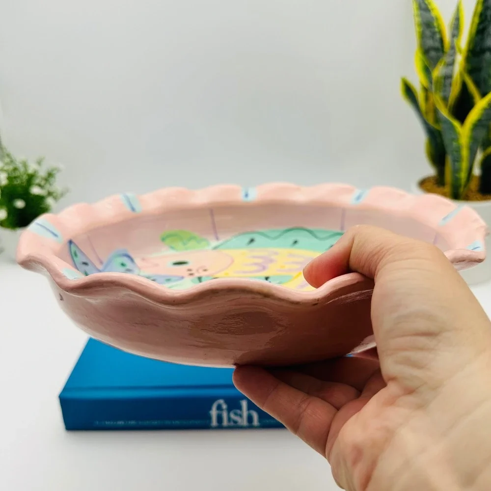 Vintage Susan Painter Signed Hand Painted Ceramic Tropical Fish Ruffled Bowl
